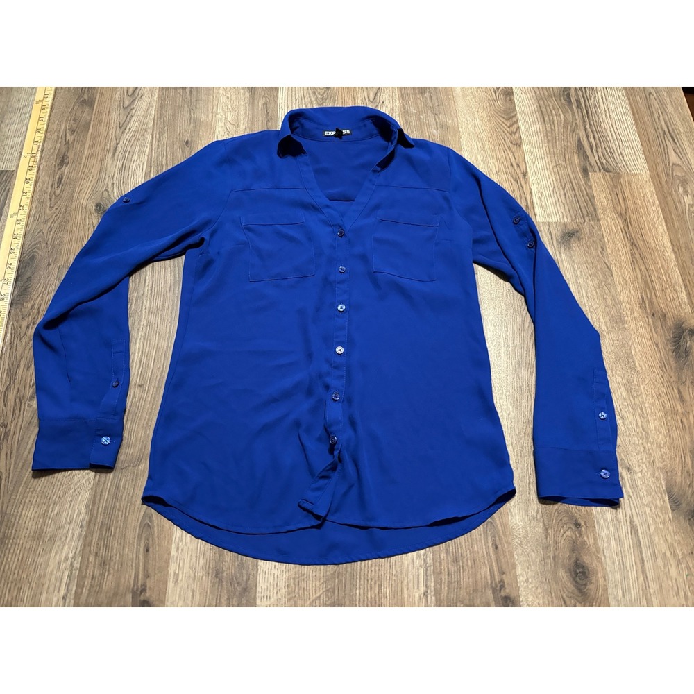 Express Portofino Blouse Women XS Royal Blue Button Down Shirt Roll Tab Sleeve